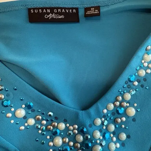 Susan Graver Tank Top Sz 1X Turquoise Blouse Beaded Sleeveless Liquid Knit EUC - Picture 4 of 8